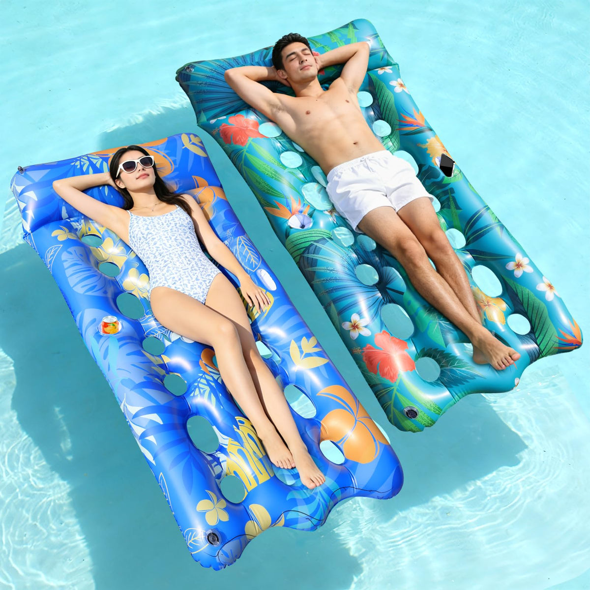 2 PCS Pool Floats Lounger with Headrest and Cup Holders X67126