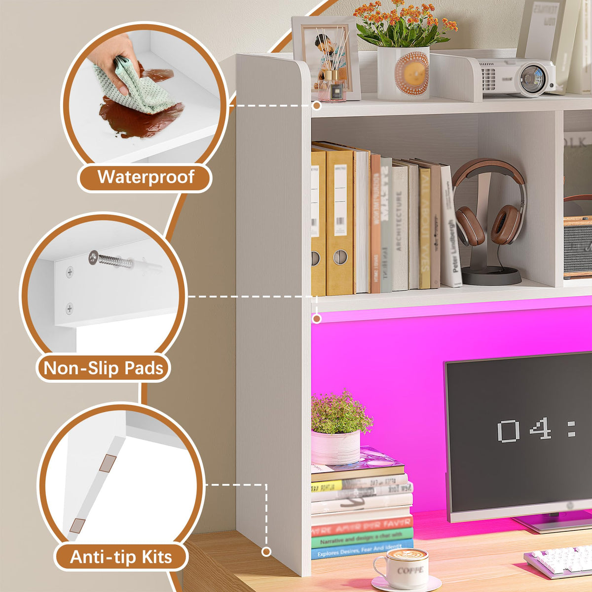 White 3-Tier Desk Hutch with LED Light T239