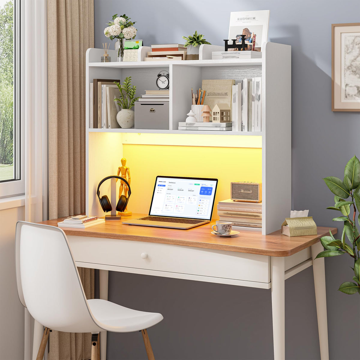 White 3-Tier Desk Hutch with LED Light T239