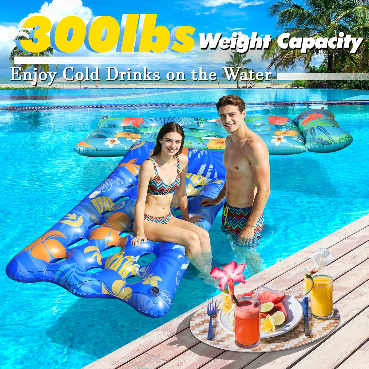 2 PCS Pool Floats Lounger with Headrest and Cup Holders X67126