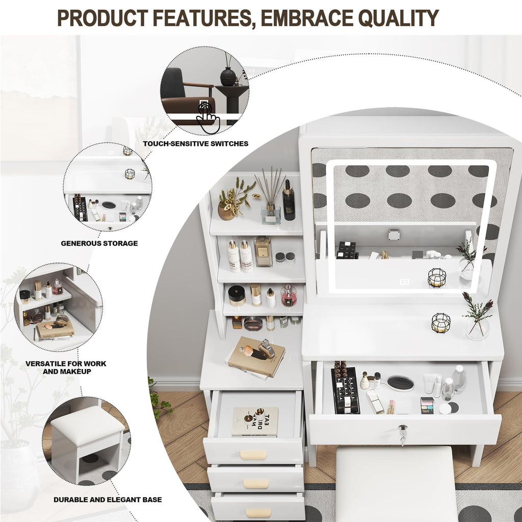 White 4 Drawer Vanity Desk Set with Mirror R47399