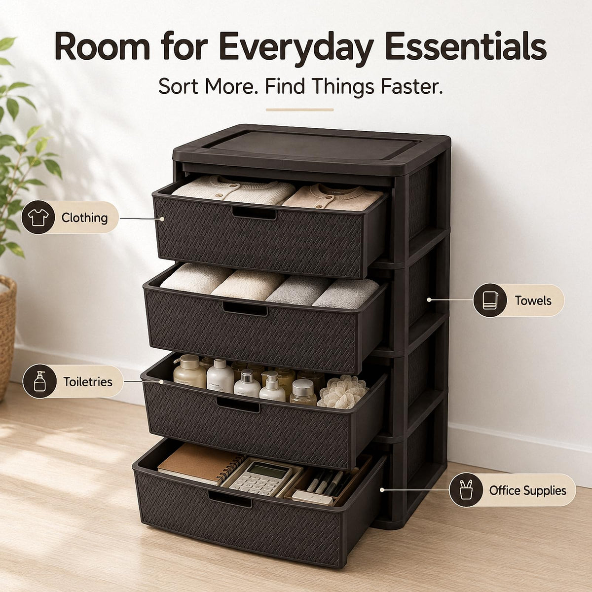 4 Drawer Plastic Storage Tower with Brown Weave Bins T39400