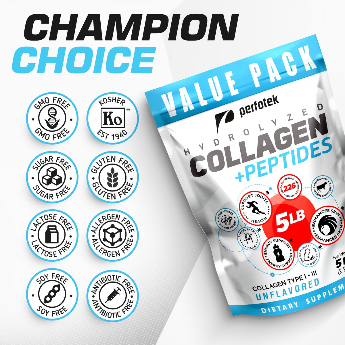 Collagen Powder 5Lb Types I & III Unflavored Hydrolyzed Protein Peptides X287