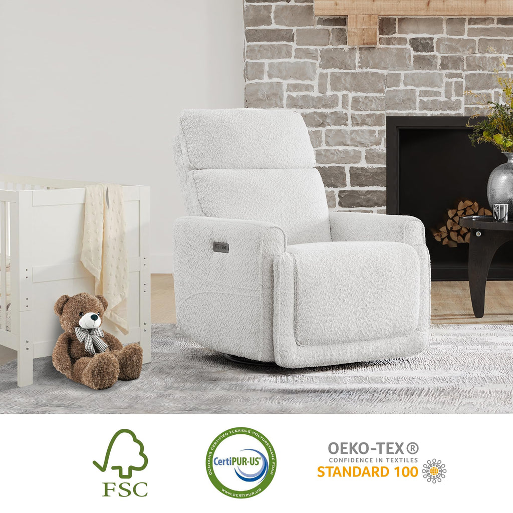 White Boucle Power Swivel Glider Recliner Chair P181