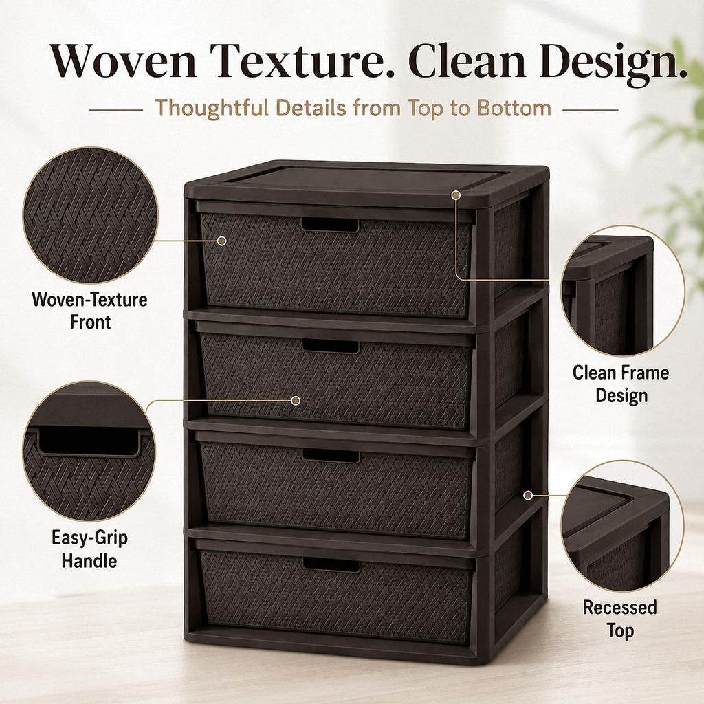 4 Drawer Plastic Storage Tower with Brown Weave Bins T39400