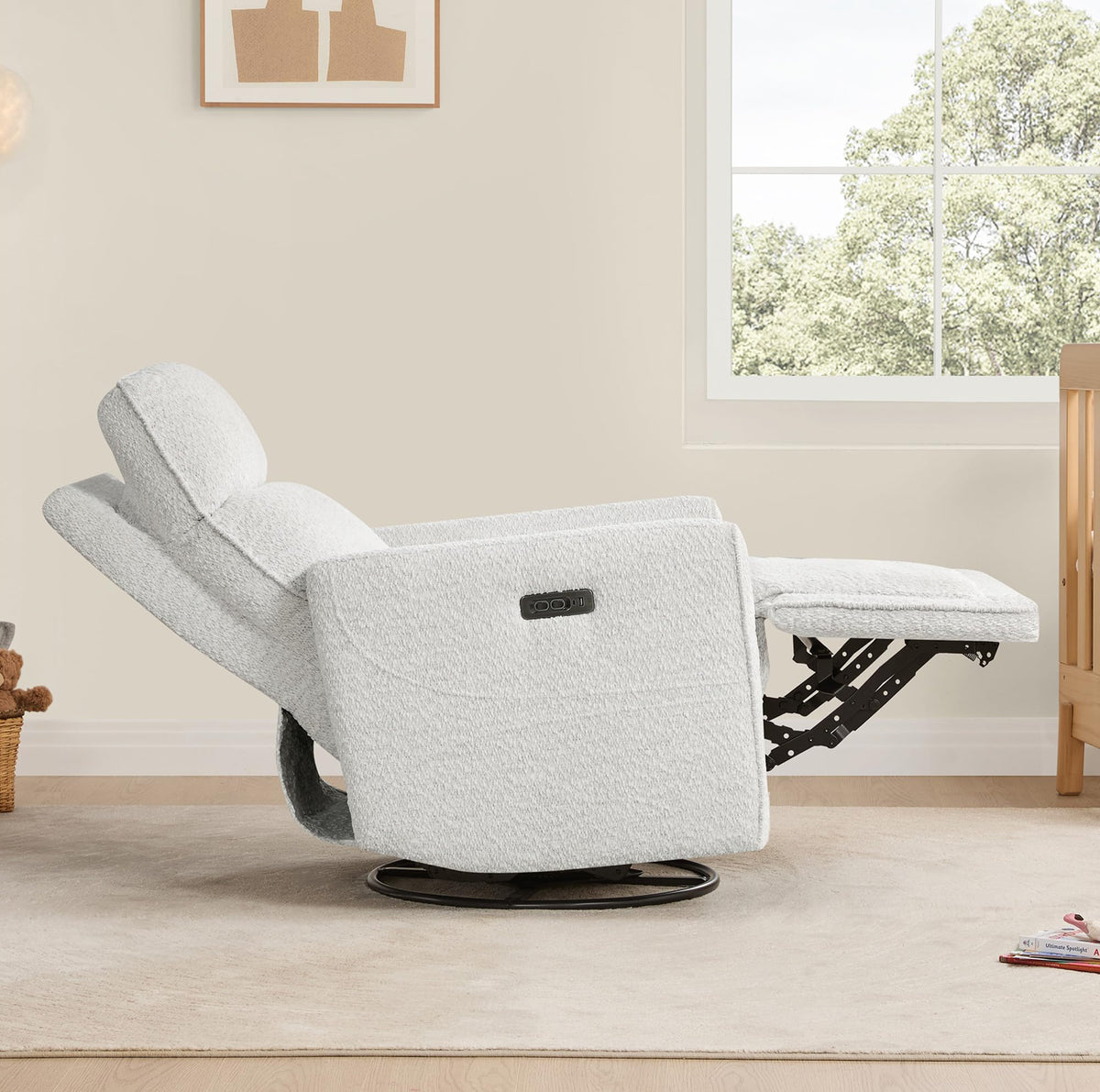 White Boucle Power Swivel Glider Recliner Chair P181