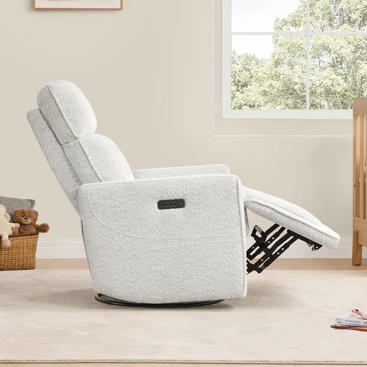 White Boucle Power Swivel Glider Recliner Chair P181