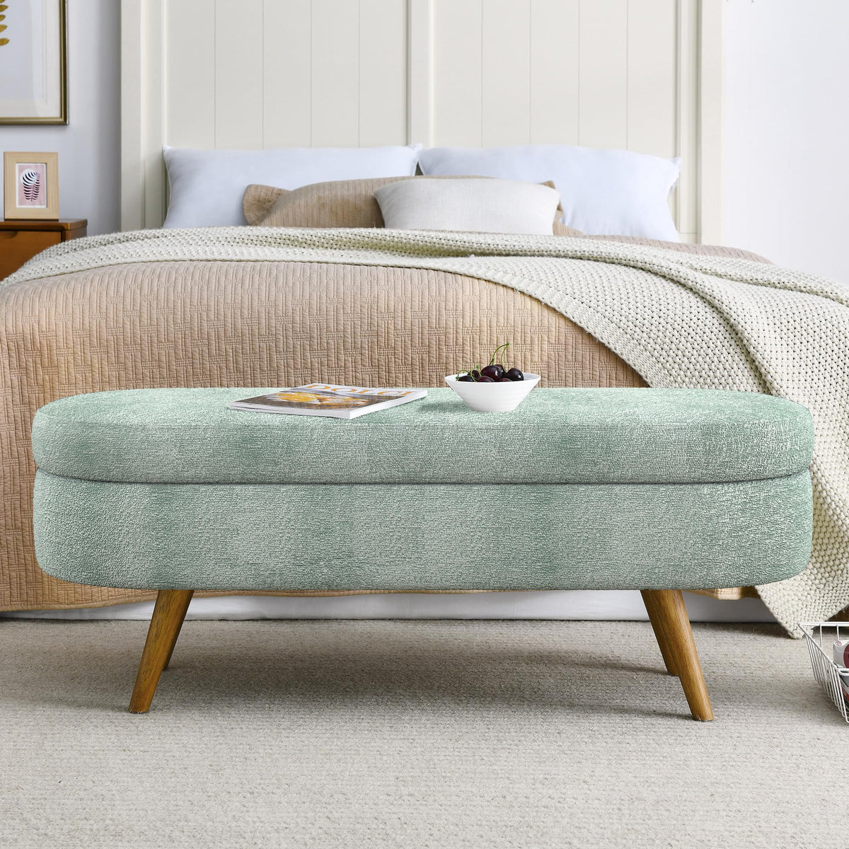 Oval Storage Bench with Rubber Wood Legs Gray Y520