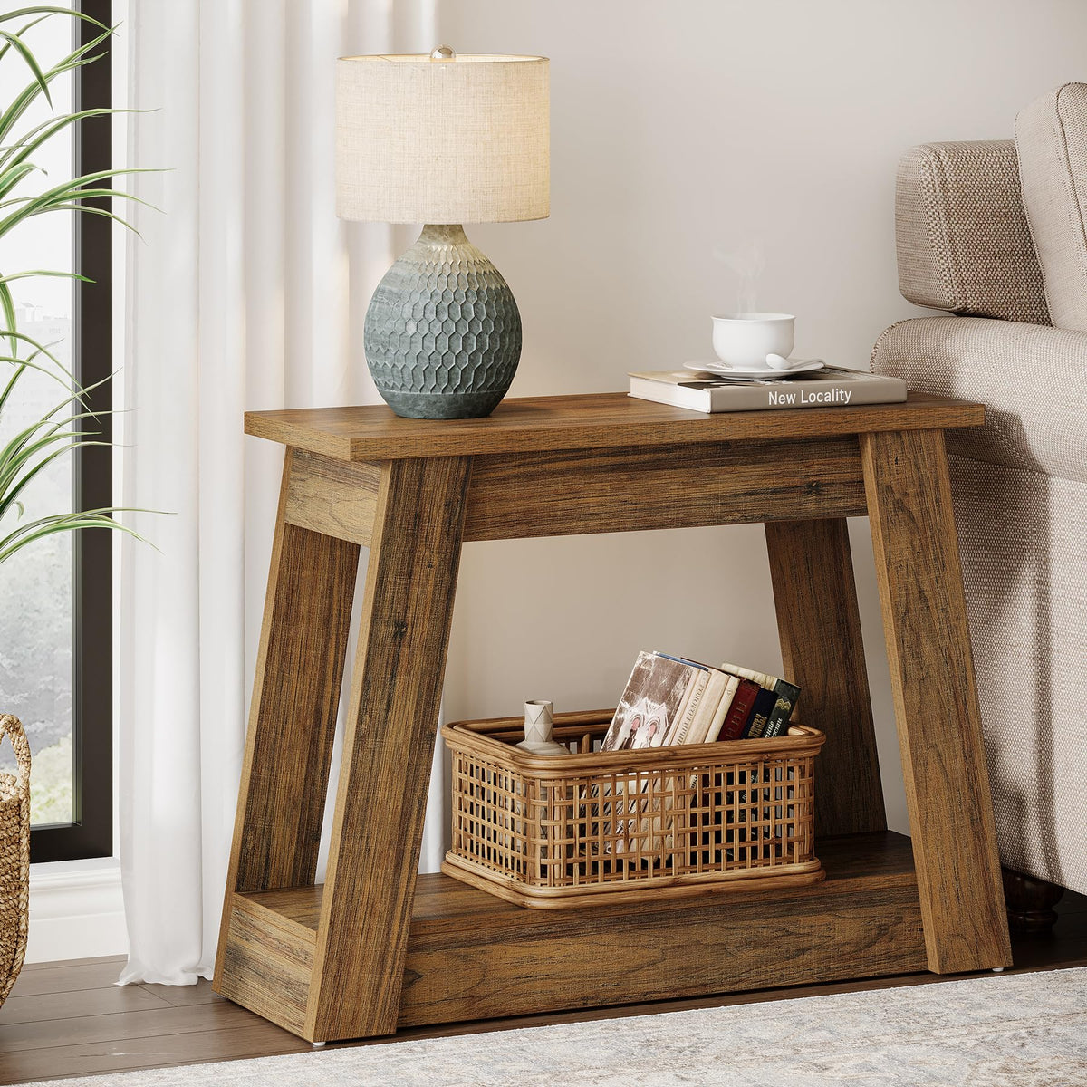 Wood End Table with 2 Storage Shelves G609