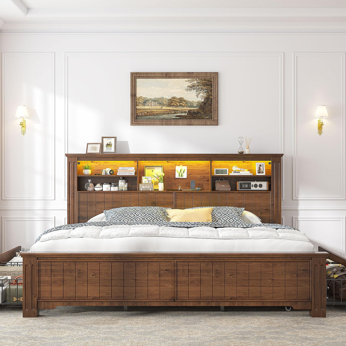 King Bed Frame with 4 Storage Drawers and Headboard Shelf, Brown B553988