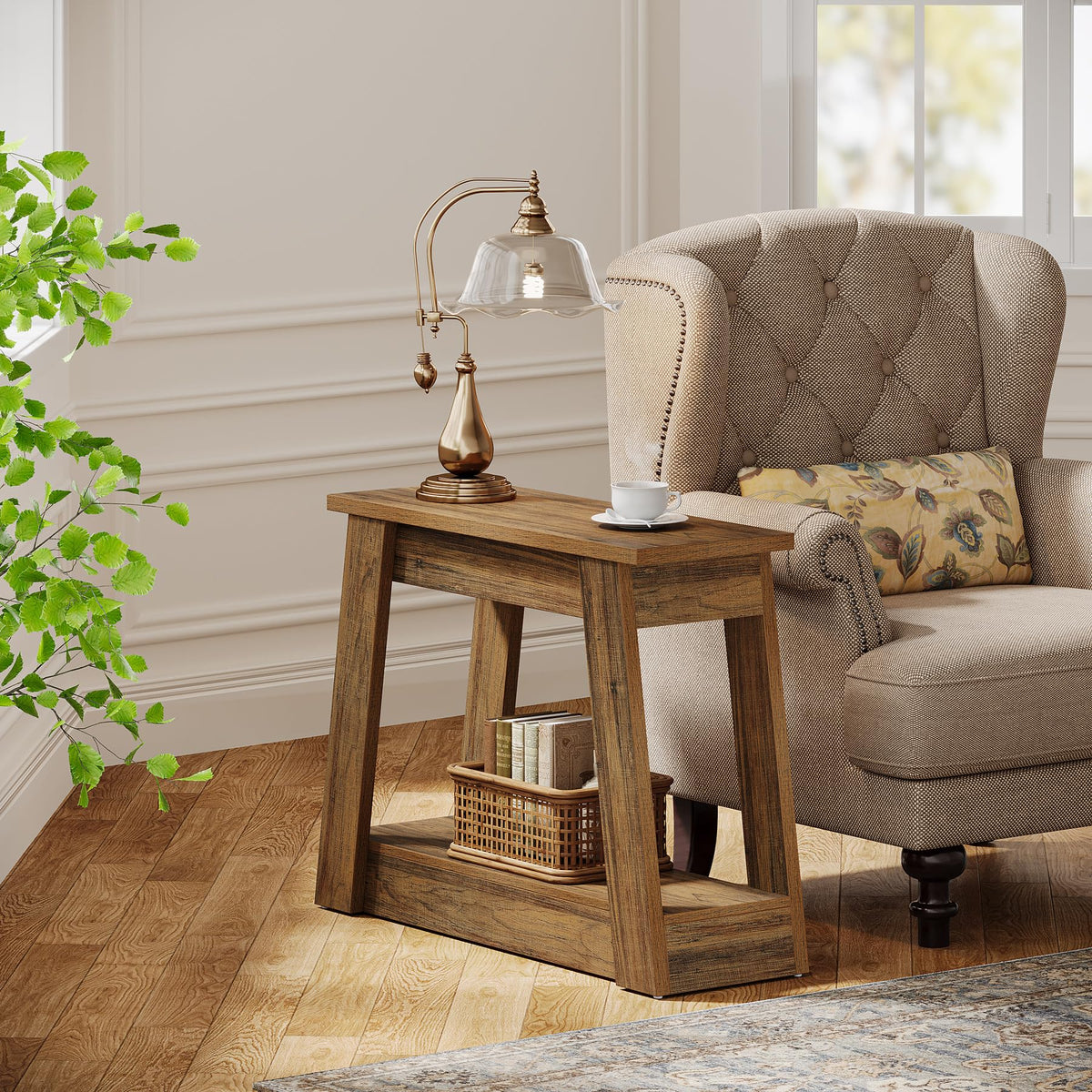 Wood End Table with 2 Storage Shelves G609