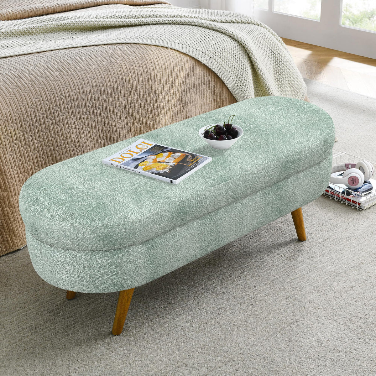 Oval Storage Bench with Rubber Wood Legs Gray Y520