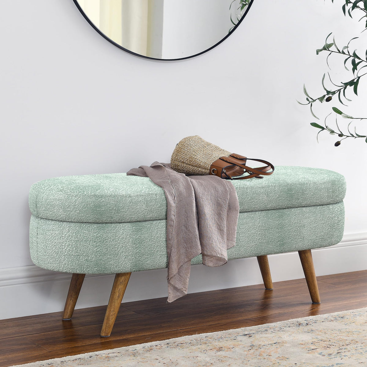 Oval Storage Bench with Rubber Wood Legs Gray Y520