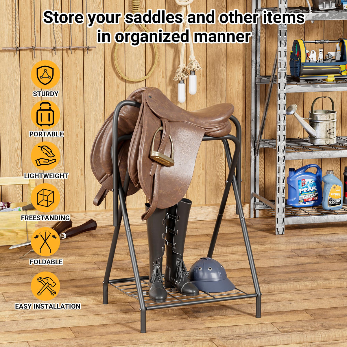Foldable Saddle Rack with Storage Shelf, Black B788