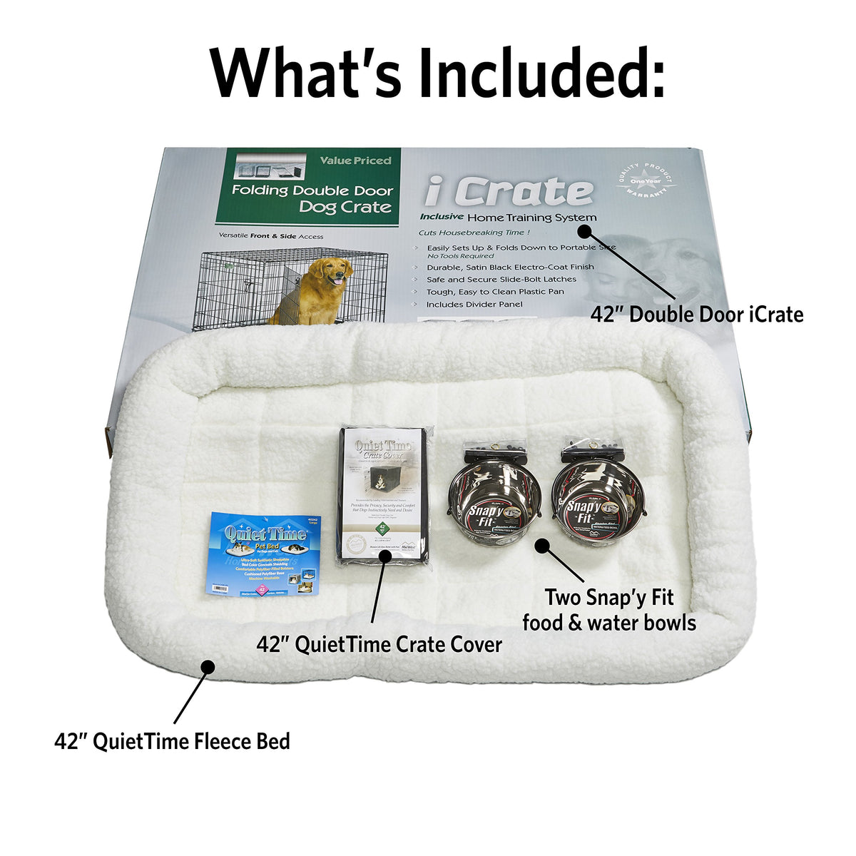 42-inch Double Door Dog Crate with Pet Bed, 2 Bowls and Privacy Cover I8807