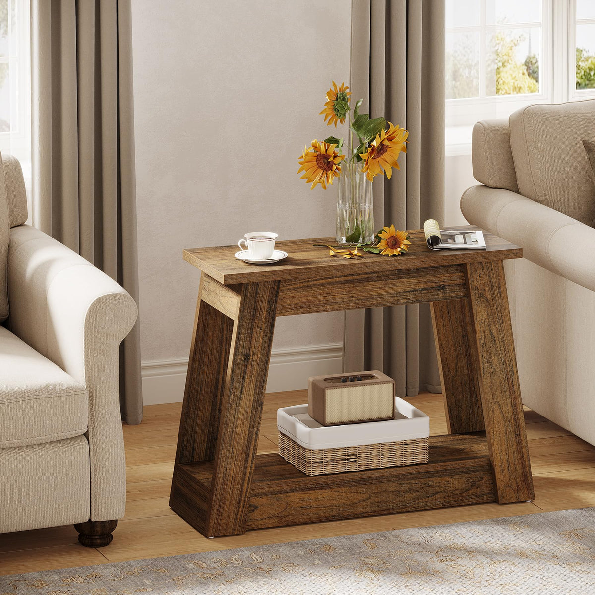 Wood End Table with 2 Storage Shelves G609