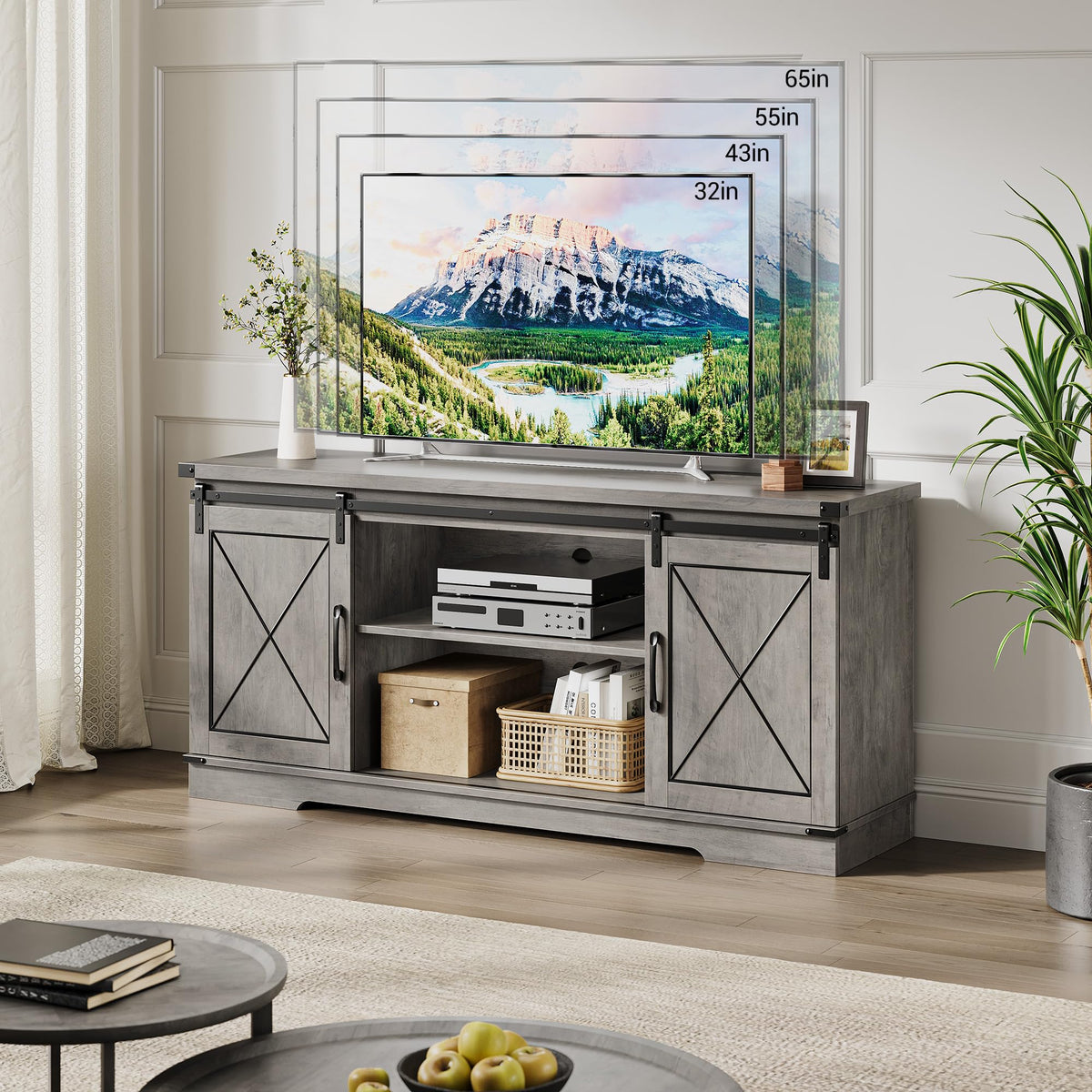 Farmhouse TV Stand with Storage Cabinets & Sliding Barn Door A5699