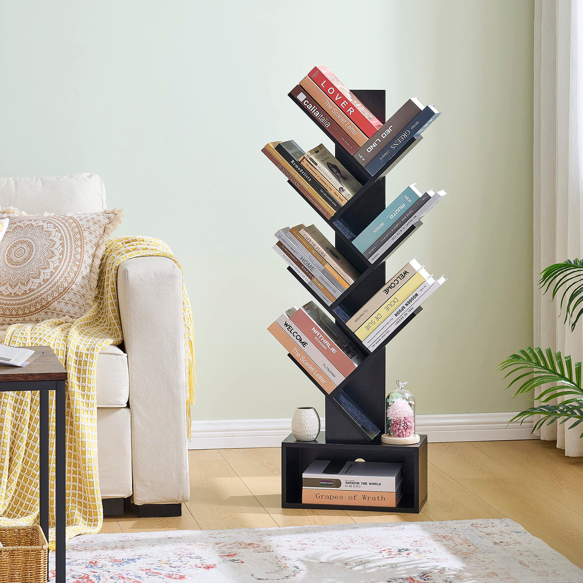 Black 6 Tier Wood Tree Bookshelf with Drawer K69778